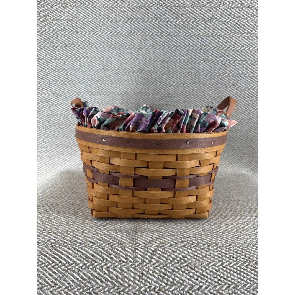 Longaberger Basket Petunia 1997 Flower Fabric Two Leather Handles Plastic Insert